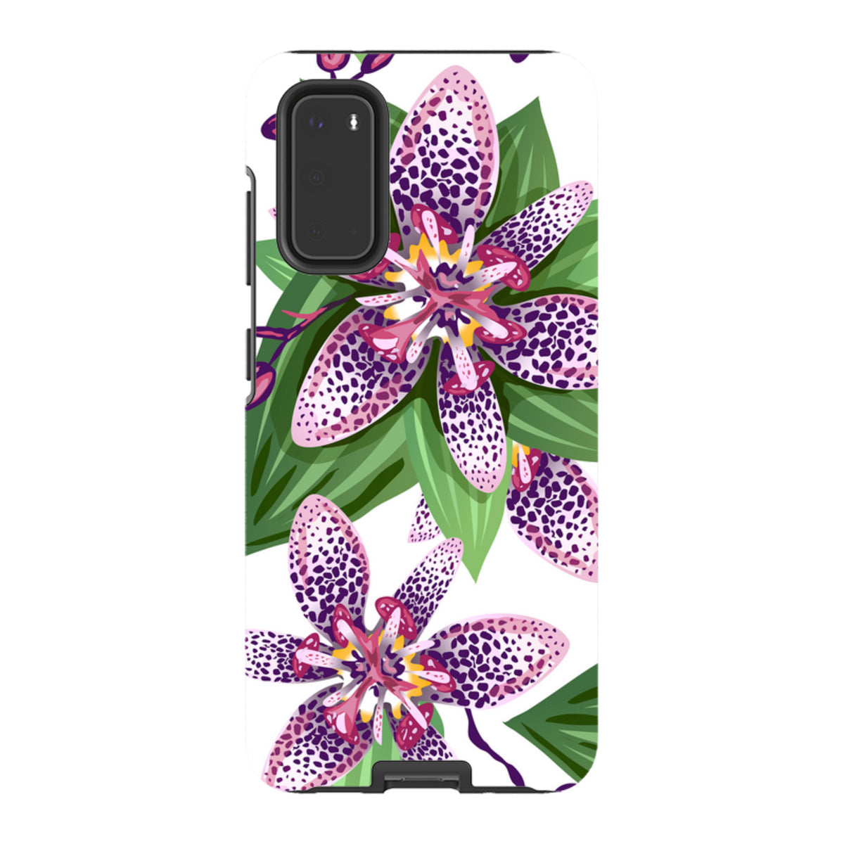 Samsung Tough Case featuring a vibrant Chelsea floral print with purple spotted petals and green leaves on a white background.