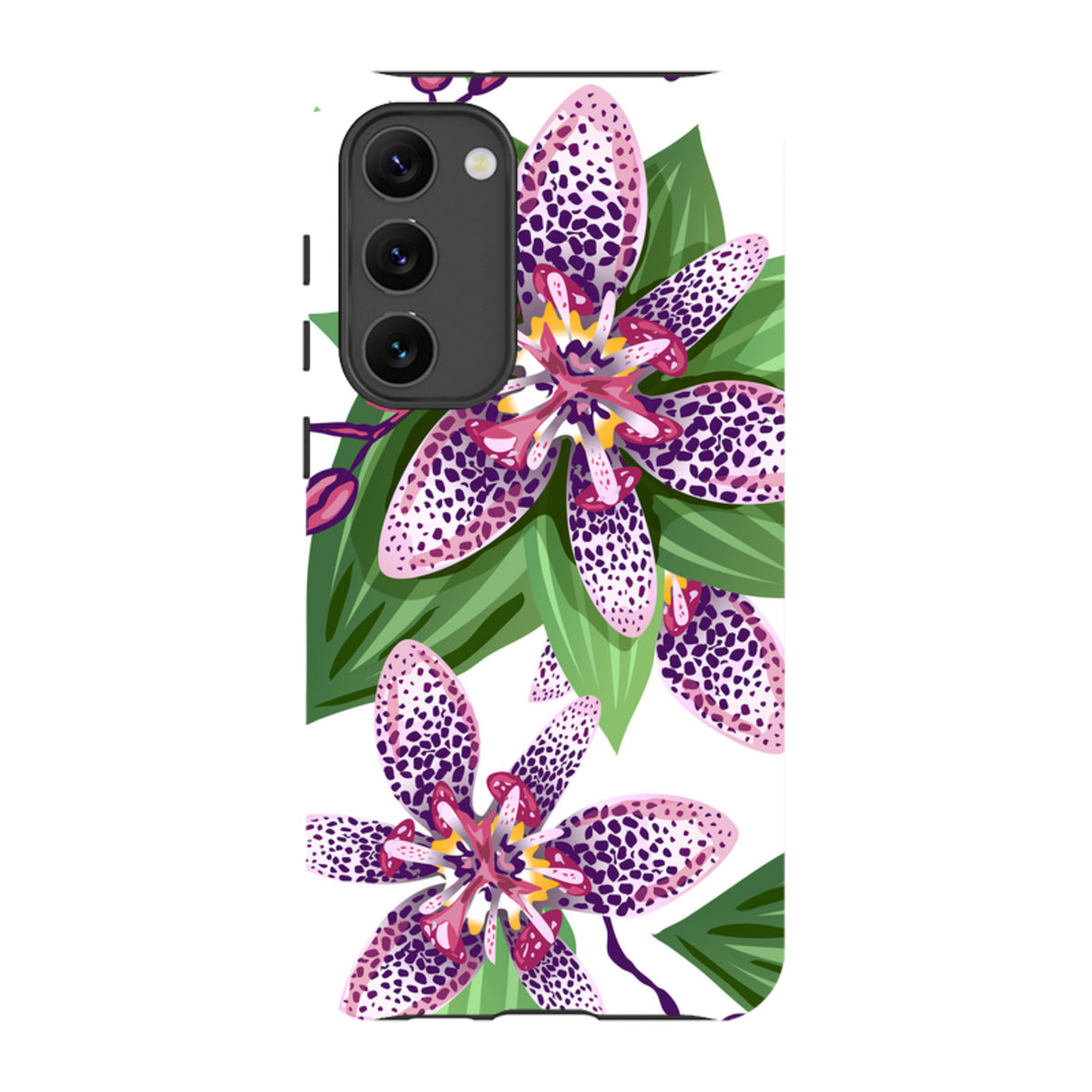 Samsung Galaxy tough case featuring a vibrant Chelsea floral print with purple spotted flowers and green leaves.