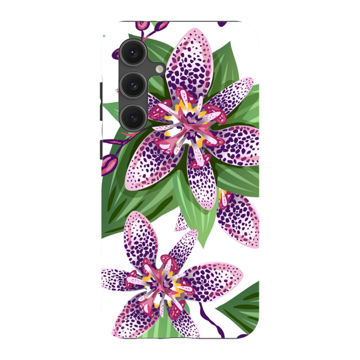 Samsung Tough Case featuring a vibrant Chelsea floral print with purple spotted petals and green leaves on a white background.
