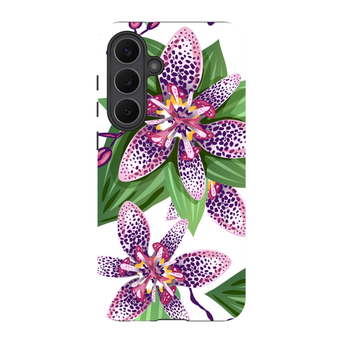 Samsung Tough Case featuring a vibrant Chelsea floral print with purple spotted petals and green leaves on a white background.