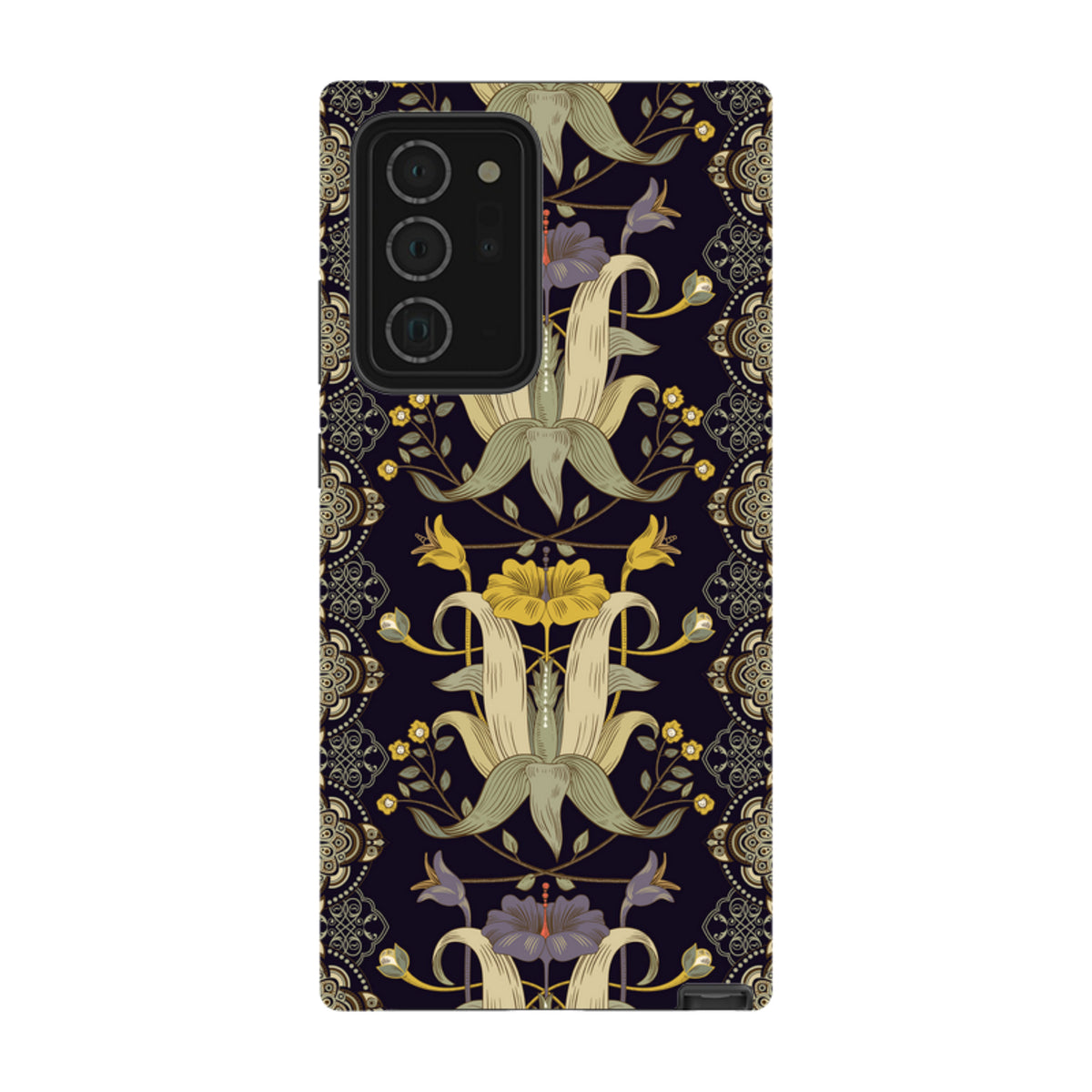 Samsung Tough Case featuring a dark floral Chiddingford pattern with intricate yellow and purple botanical illustrations.