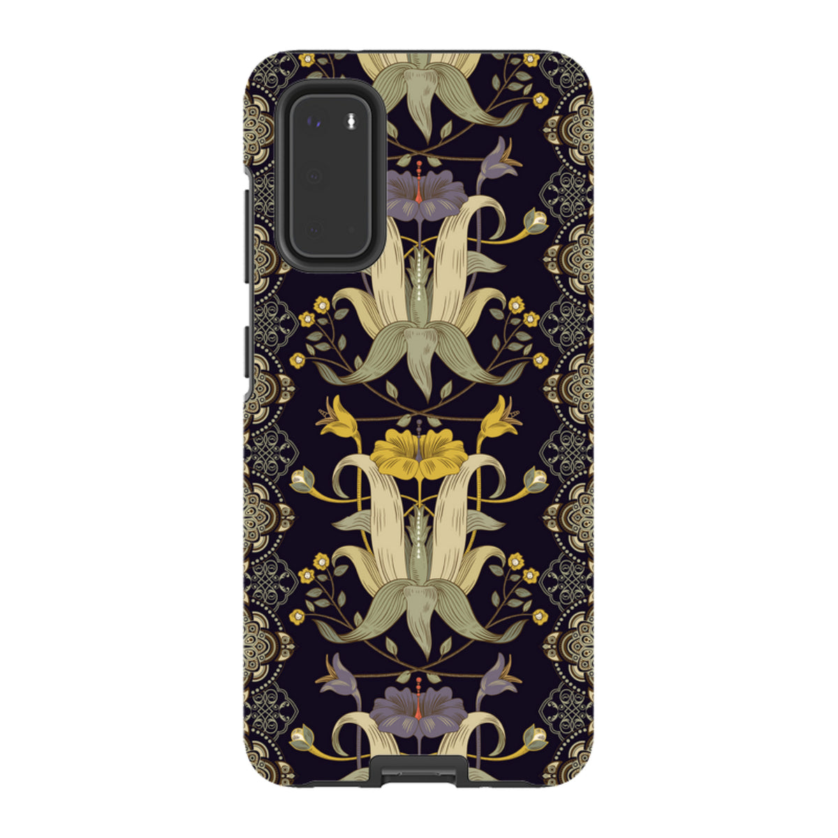 Samsung Tough Case featuring a dark floral Chiddingford pattern with intricate yellow and purple botanical illustrations.