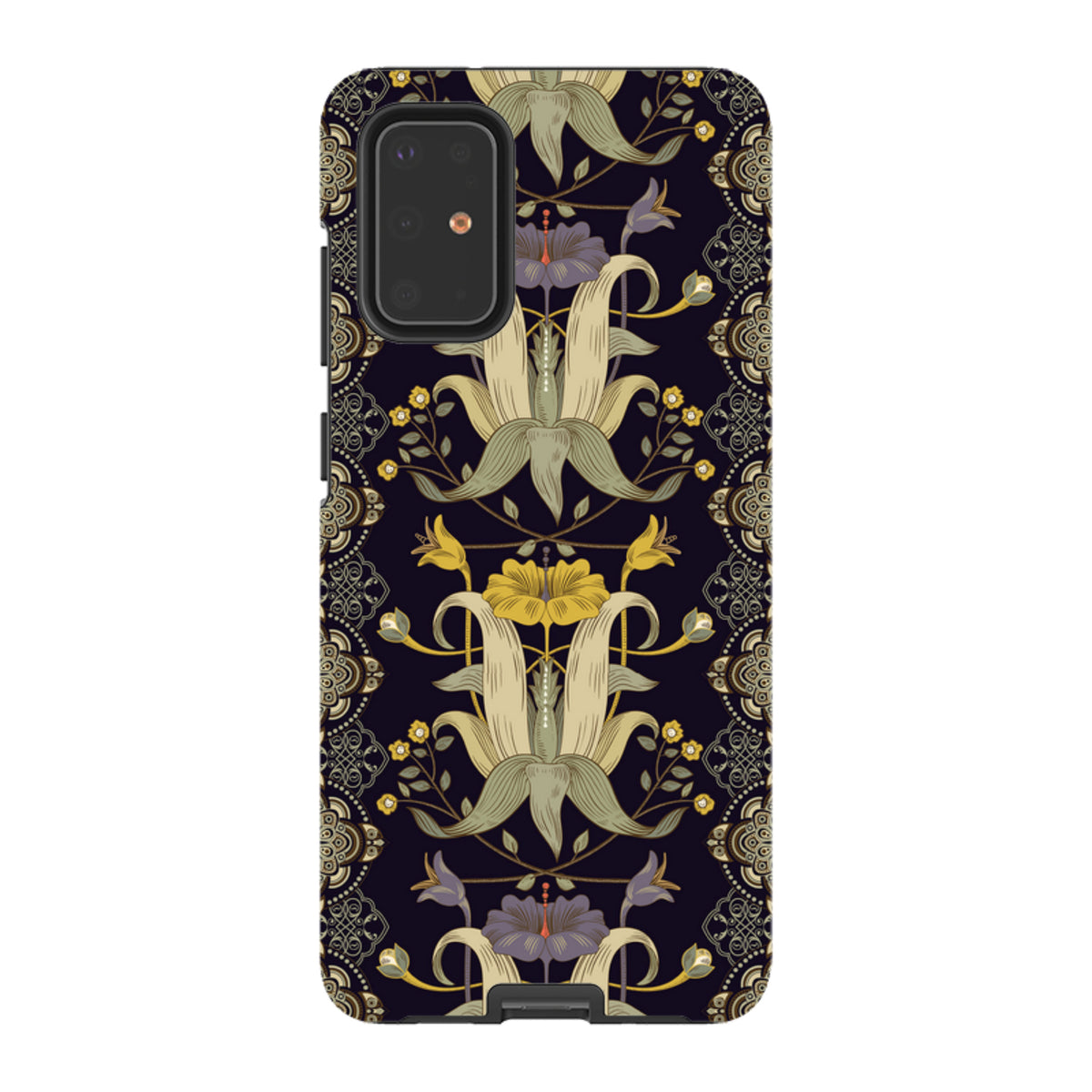 Samsung Tough Case featuring a dark floral Chiddingford pattern with yellow and purple botanical motifs on a durable shell.