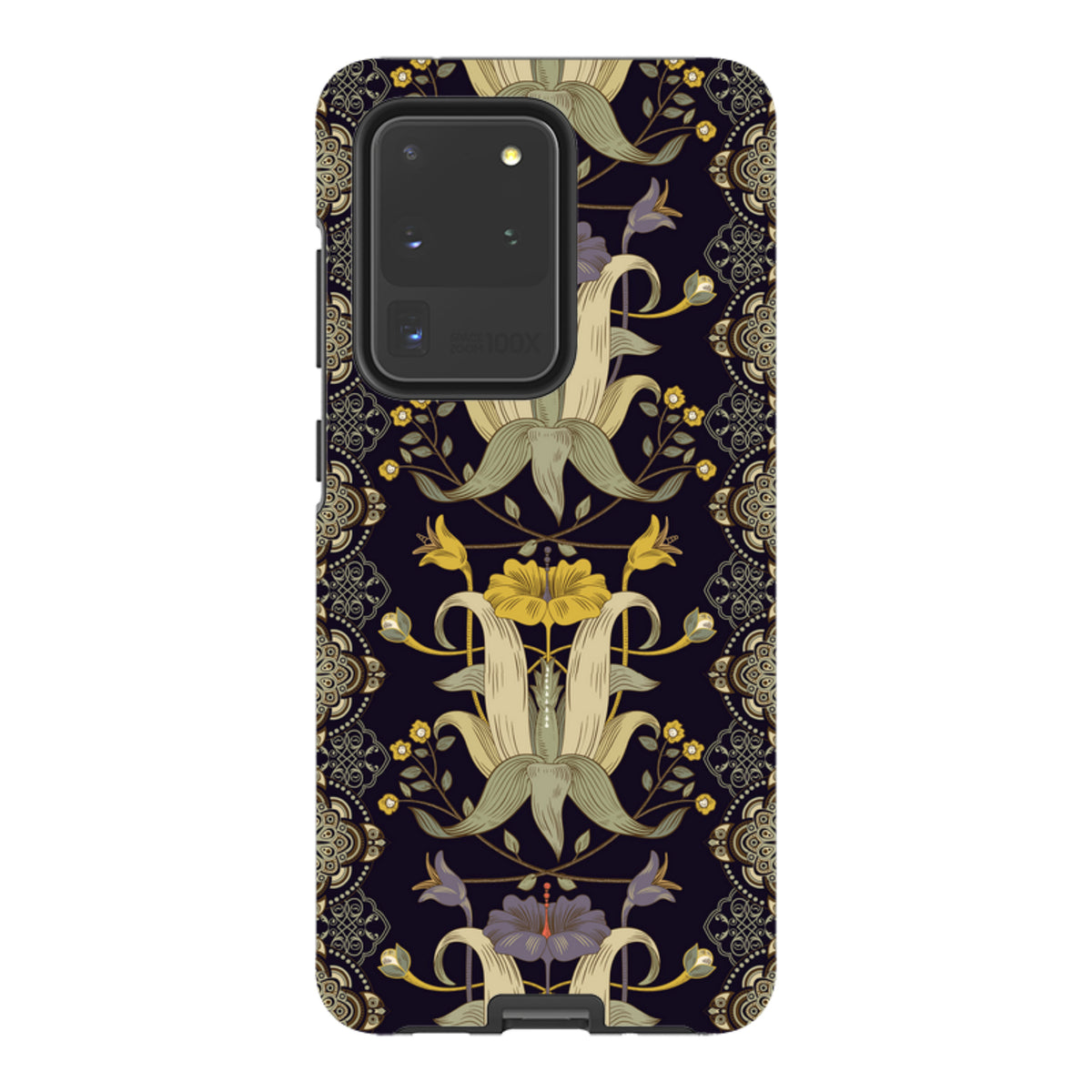 Samsung Galaxy tough case featuring a dark floral Chiddingford pattern with yellow and purple botanical illustrations.