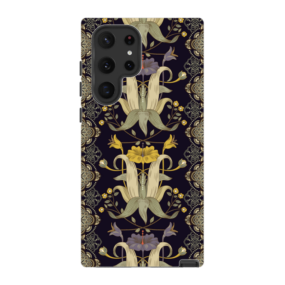 Samsung Galaxy tough case featuring a dark floral Chiddingford pattern with yellow and purple botanical motifs.