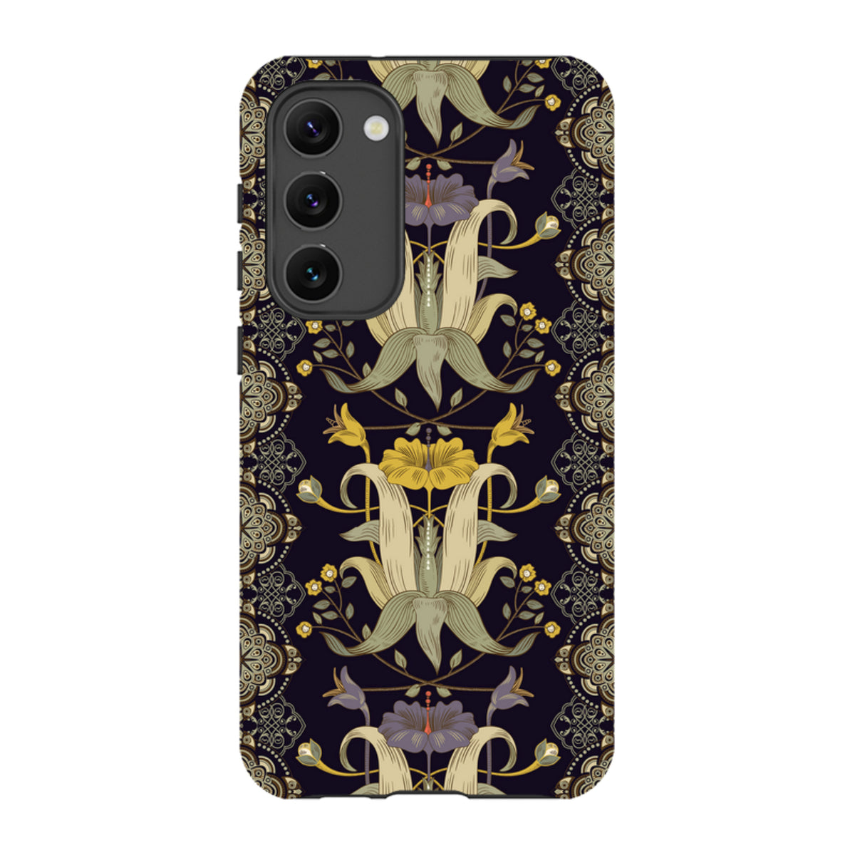 Samsung Tough Case featuring a dark floral Chiddingford pattern with intricate yellow and purple botanical illustrations.