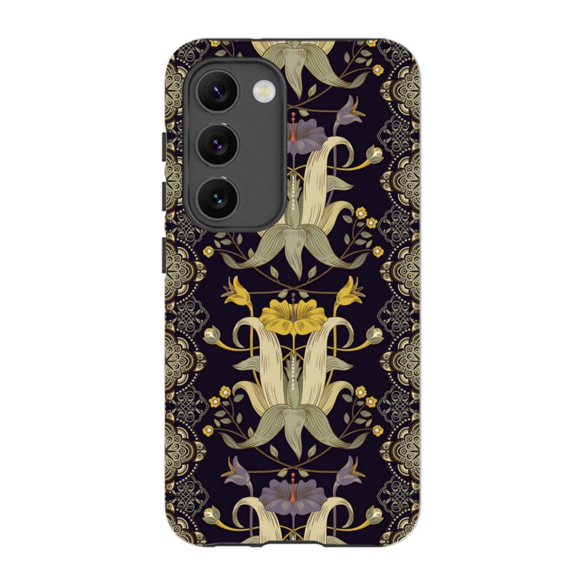 Samsung Galaxy tough case featuring a dark floral Chiddingford pattern with intricate gold and purple botanical designs.