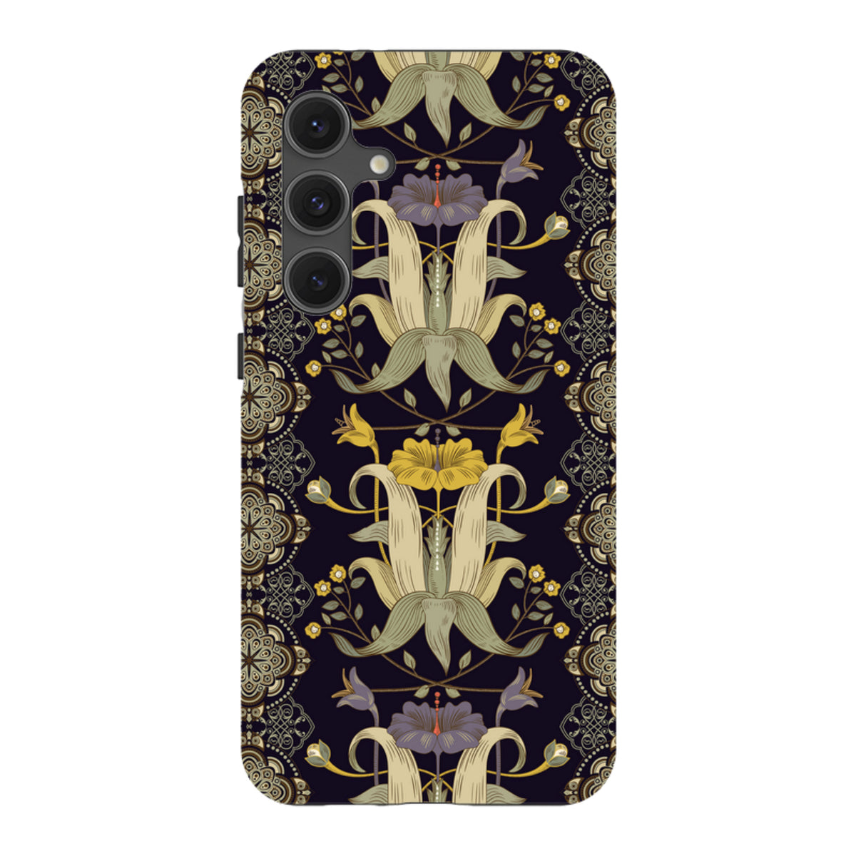 Samsung Galaxy tough case featuring a dark floral Chiddingford print with intricate botanical patterns and vibrant blooms.