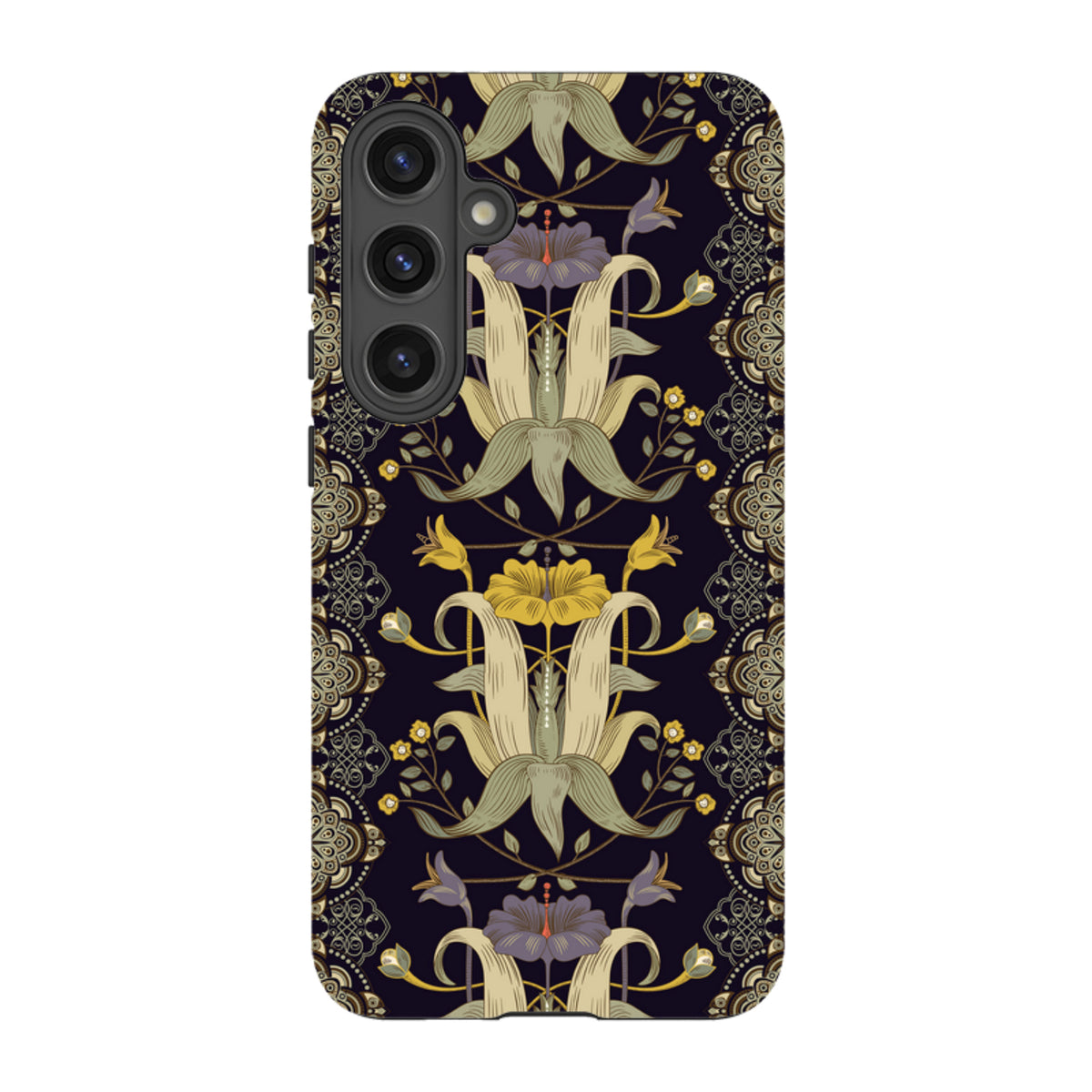 Samsung Tough Case featuring a dark floral Chiddingford pattern with intricate yellow and purple botanical illustrations.