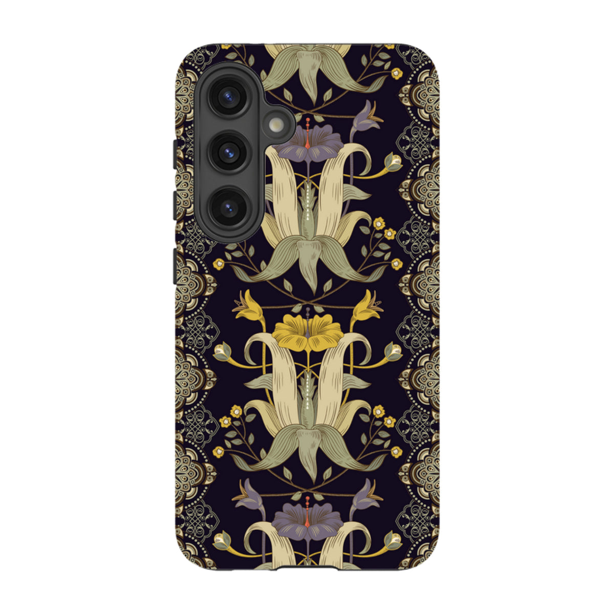Samsung Tough Case featuring a dark floral Chiddingford pattern with yellow and purple botanical motifs on a dual-layer shell.