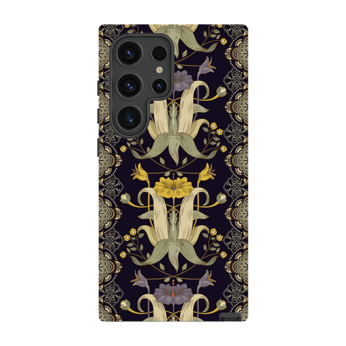 Samsung Tough Case featuring a dark floral Chiddingford pattern with yellow and purple botanical motifs on a dual-layer shell.