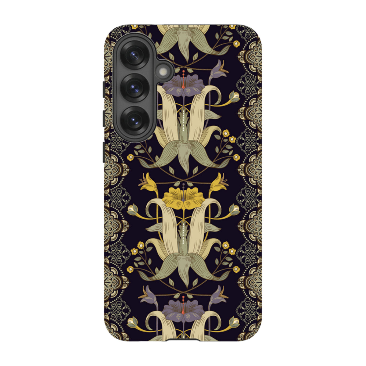 Samsung Tough Case featuring a dark floral Chiddingford pattern with intricate yellow and purple botanical motifs.
