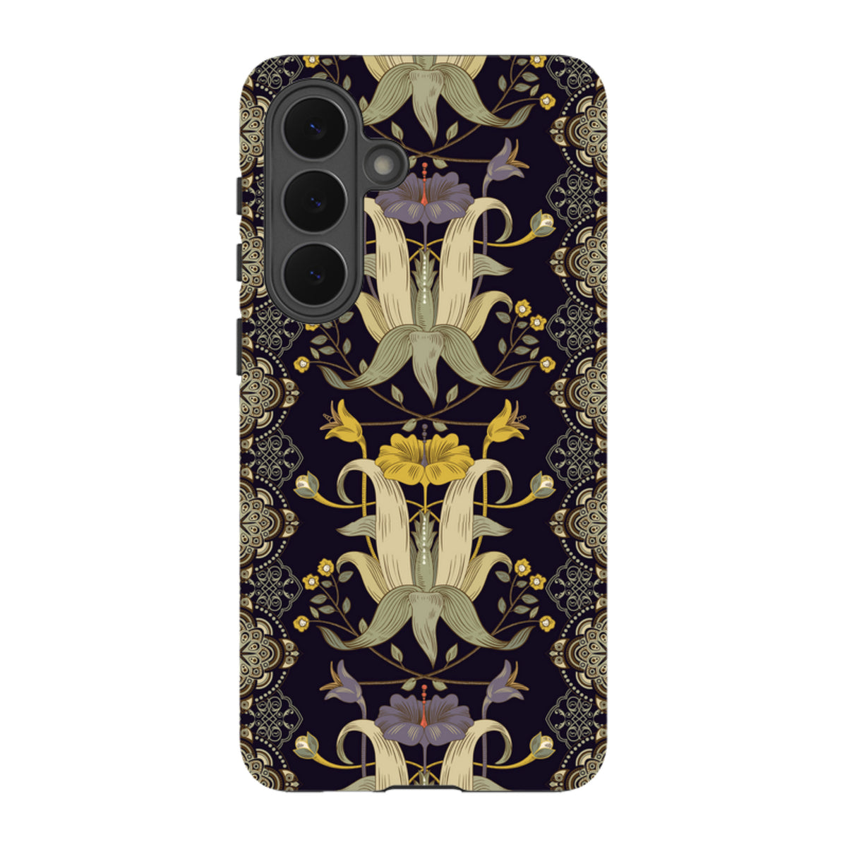 Samsung Tough Case featuring a dark floral Chiddingford pattern with intricate yellow and purple botanical illustrations.
