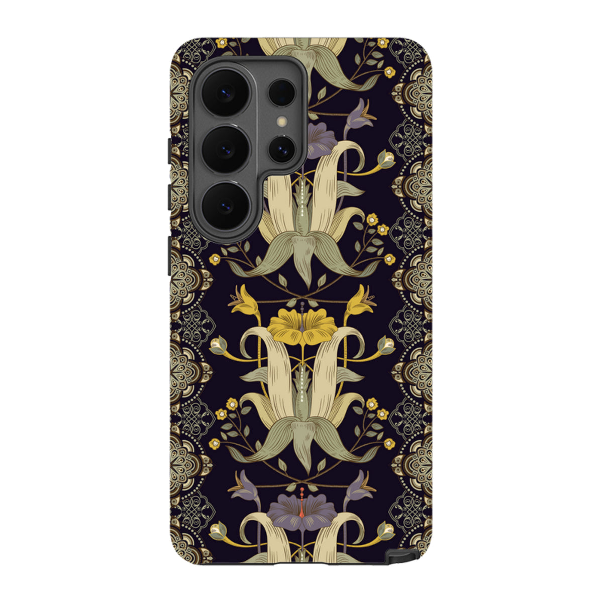 Samsung Galaxy tough case featuring a dark floral Chiddingford pattern with yellow and purple botanical illustrations.