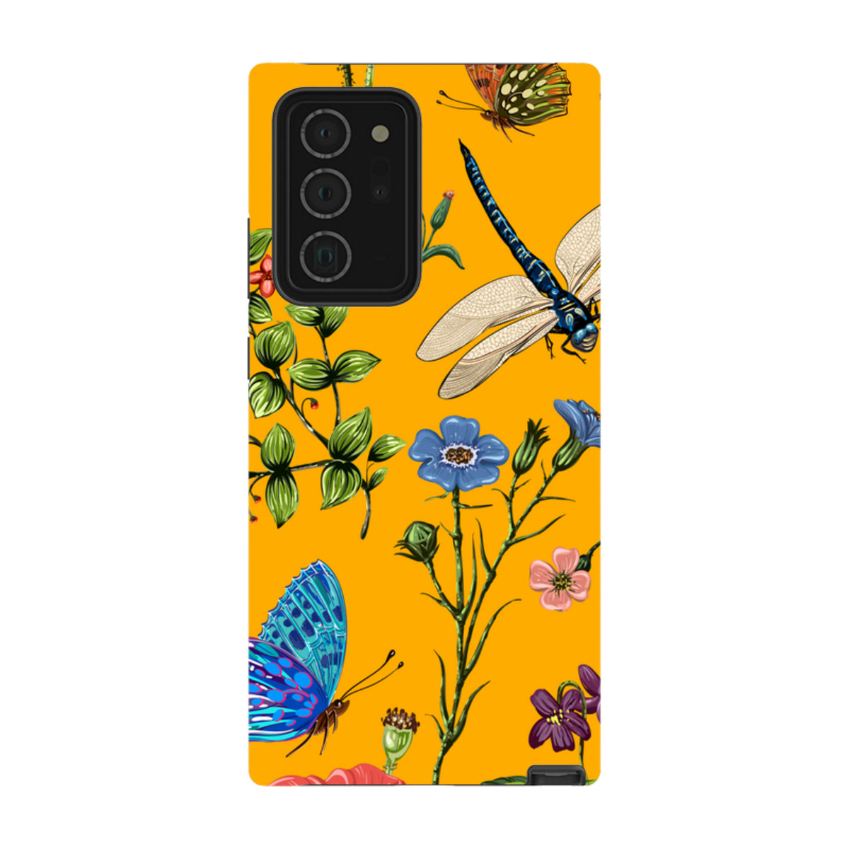 Samsung Tough Case featuring a vibrant yellow background with detailed botanical illustrations of butterflies and dragonflies.