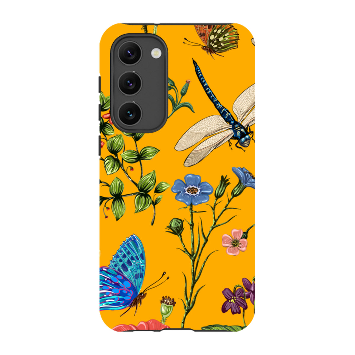 Samsung Tough Case in yellow with a vibrant dragonfly, butterfly, and floral botanical print and dual-layer protection.