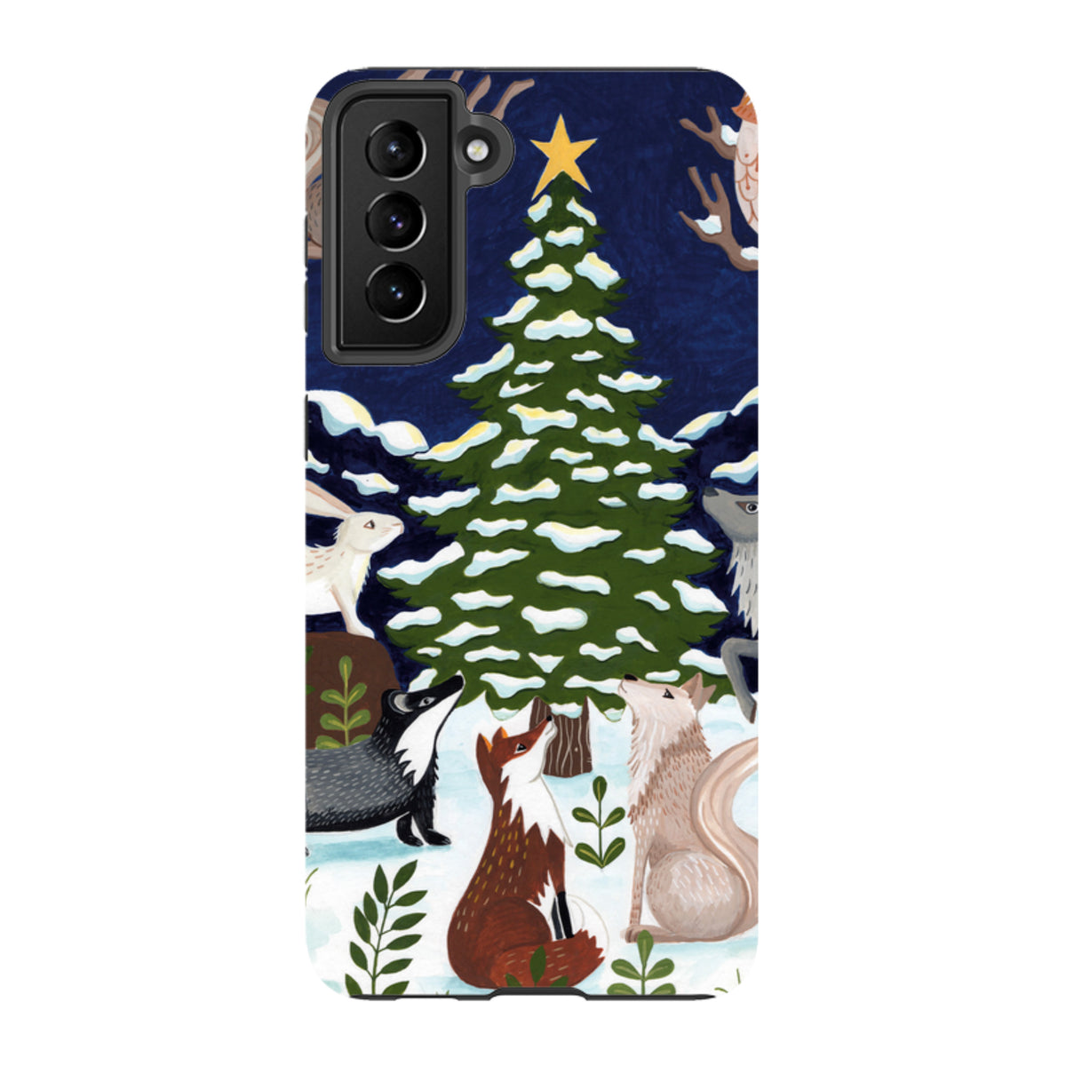 Samsung Tough Case featuring a snowy Christmas tree and forest animals on a dark blue background with dual-layer protection.