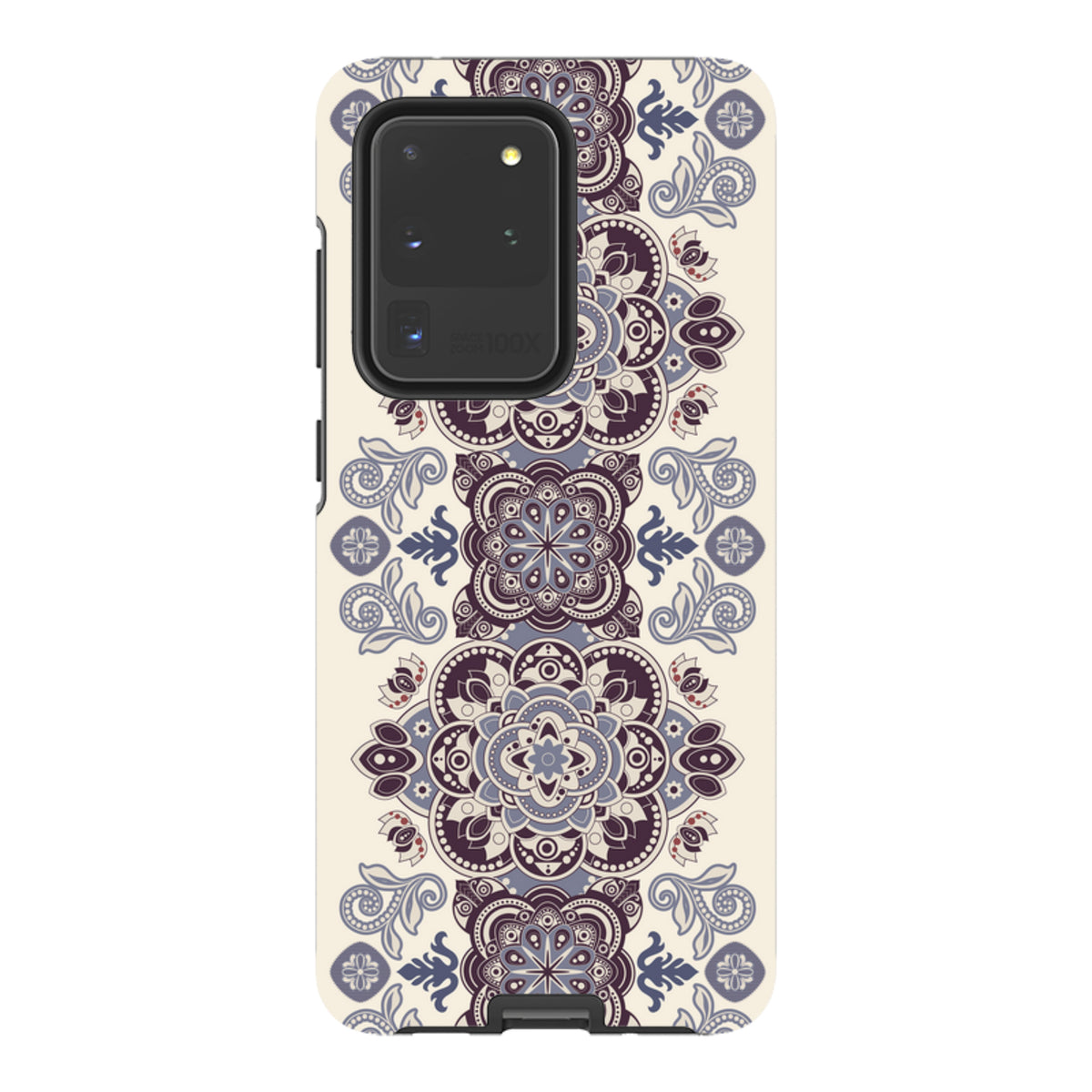 Samsung Tough Case in Clovelly design featuring a purple and cream mandala pattern with dual-layer protection.