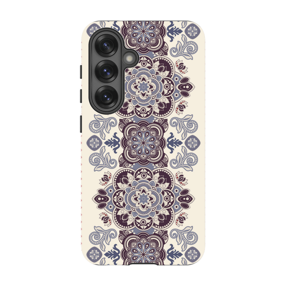 Samsung Tough Case in Clovelly design featuring a cream background with intricate purple and blue mandala patterns.