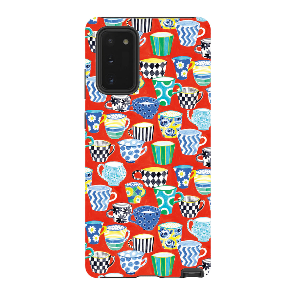 Samsung Tough Case featuring a vibrant red background with a colorful, patterned coffee cup design by Sarah Campbell.