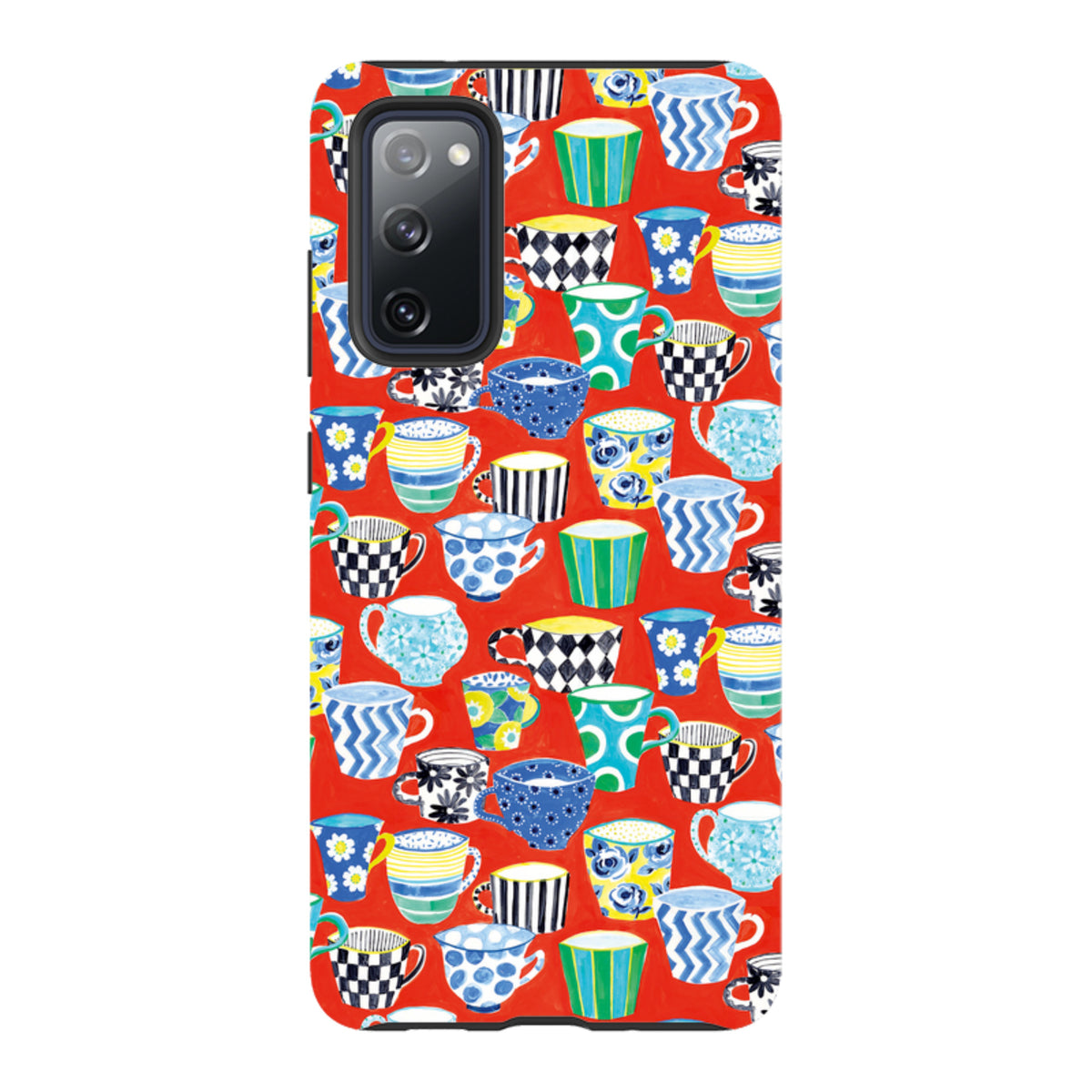 Samsung Tough Case featuring a vibrant red background with a colorful, patterned coffee mug design by Sarah Campbell.