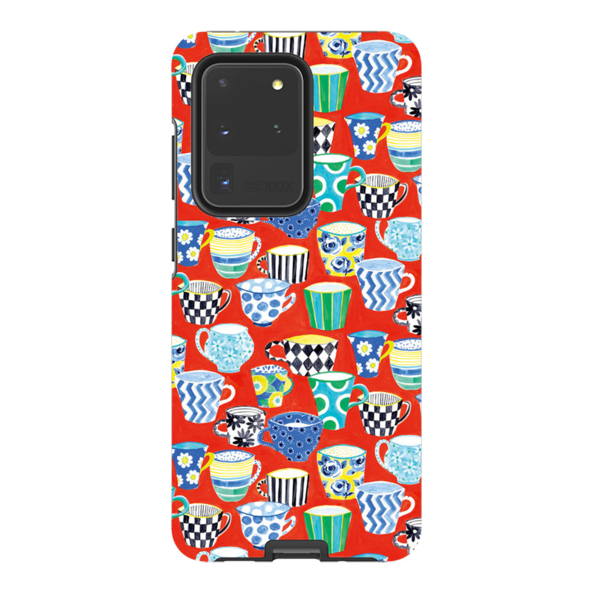 Samsung Tough Case featuring a vibrant red background with a colorful, patterned coffee cup design by Sarah Campbell.