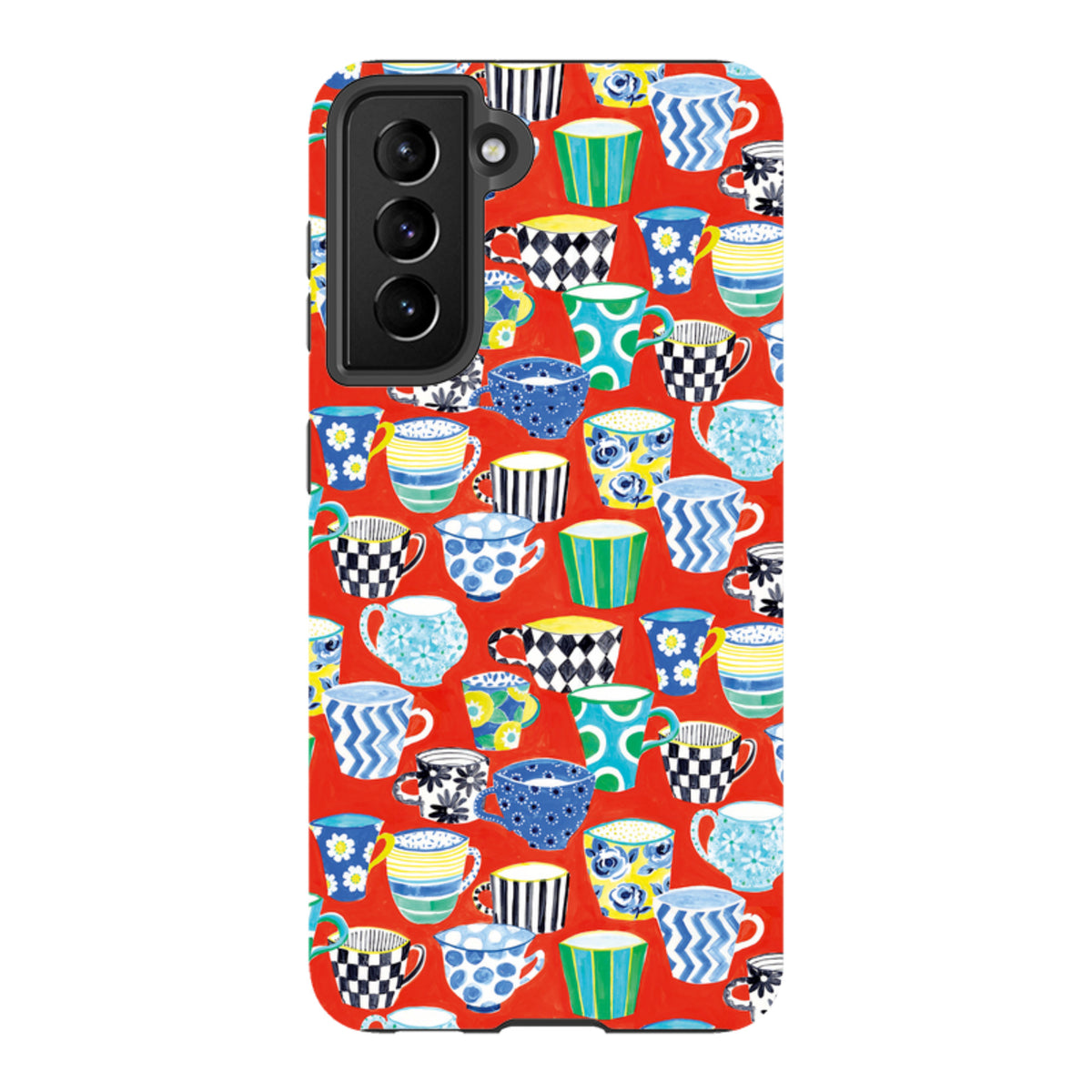 Samsung Tough Case with a vibrant red background featuring a colorful, artistic pattern of various coffee mugs.
