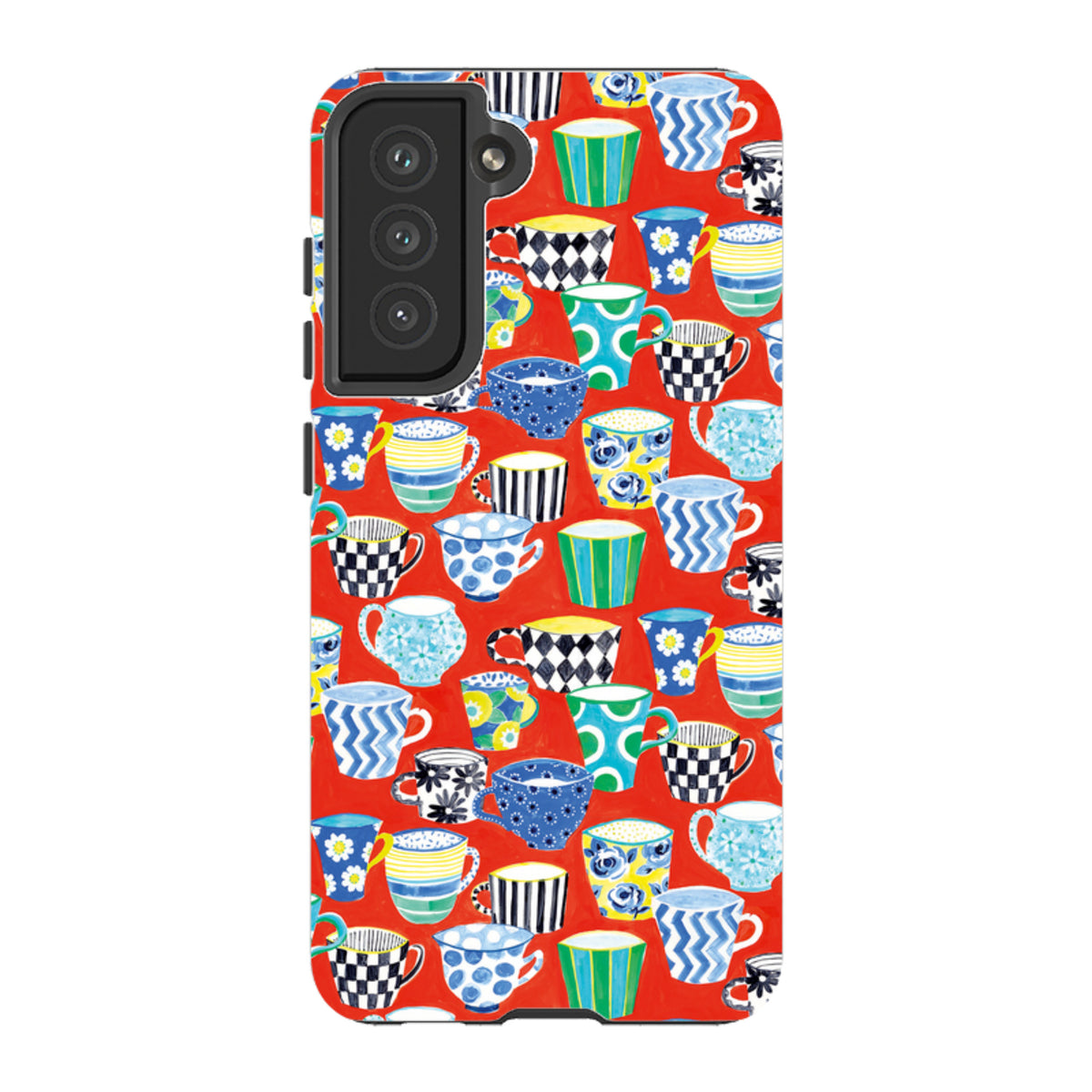 Samsung Tough Case featuring a vibrant red background with a colorful, artistic coffee mug pattern and dual-layer protection.