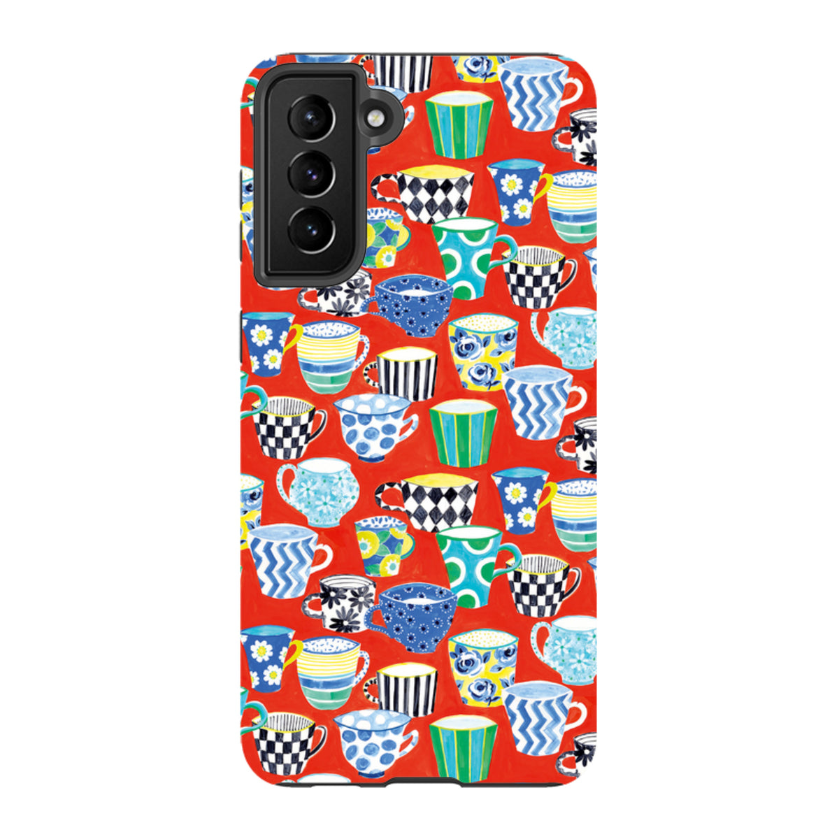 Samsung Tough Case featuring a vibrant red background with a colorful, patterned coffee mug illustration.