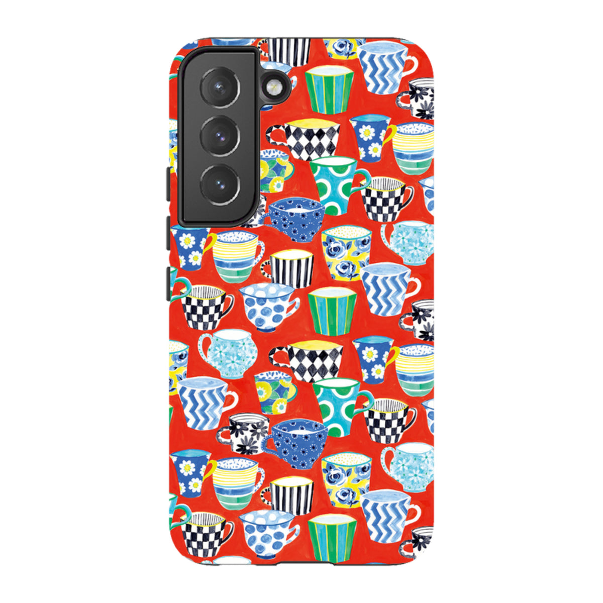 Samsung Tough Case featuring a vibrant red background with a colorful, artistic pattern of various coffee mugs.