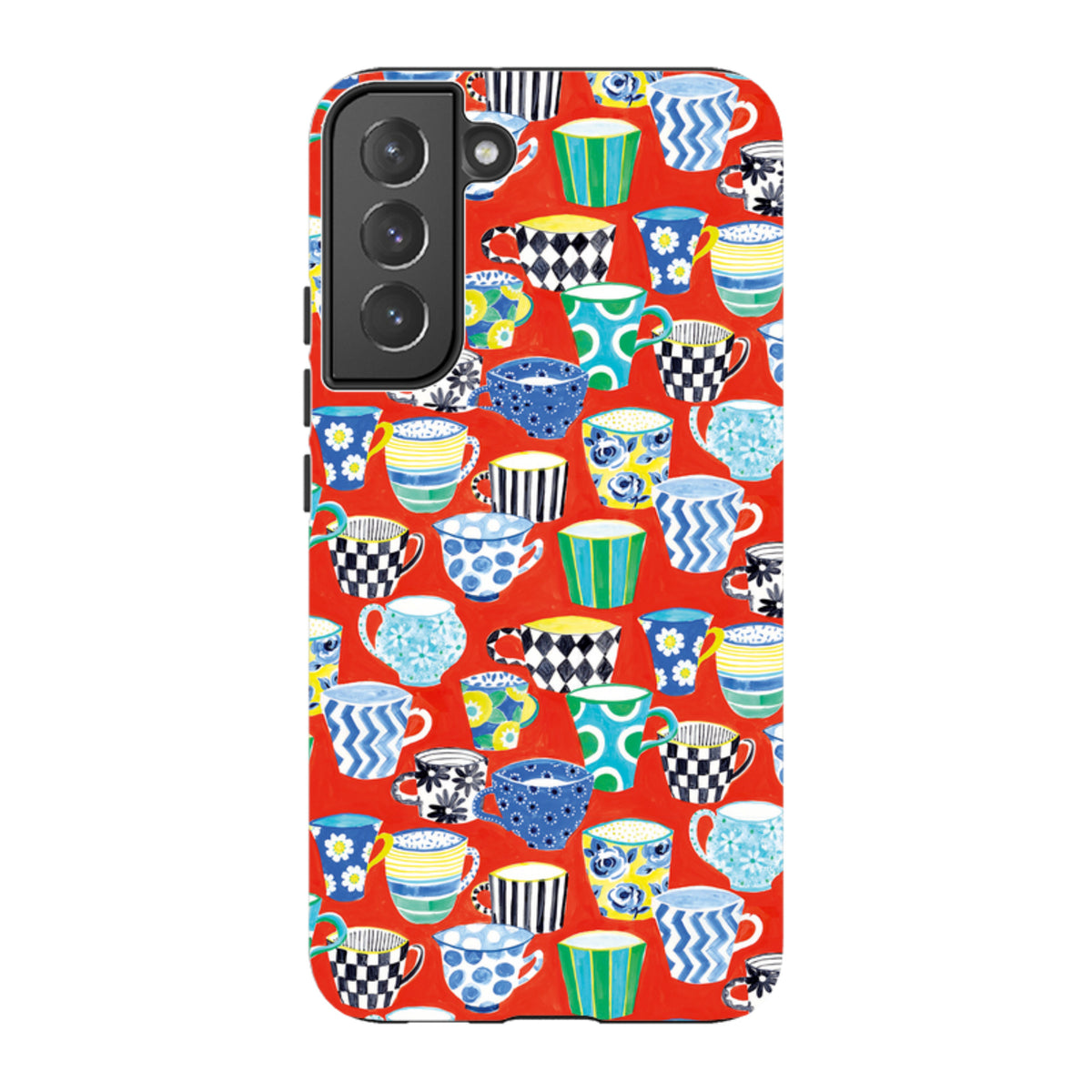 Samsung Tough Case featuring a vibrant red background with a colorful, artistic pattern of various coffee mugs.