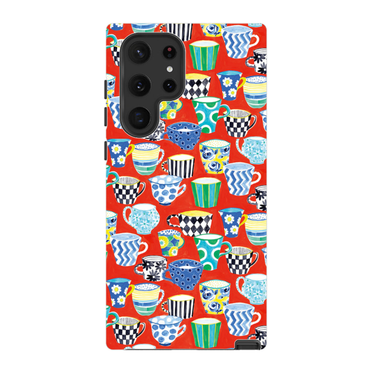 Samsung Galaxy tough case featuring a vibrant red background with a colorful, artistic coffee mug pattern.