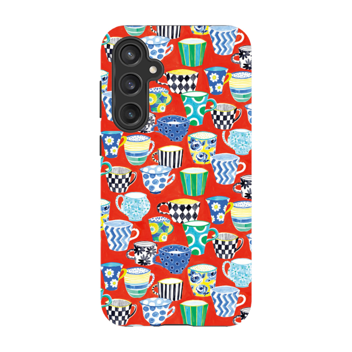 Samsung Tough Case featuring a vibrant red background with a colorful, patterned coffee mug illustration.