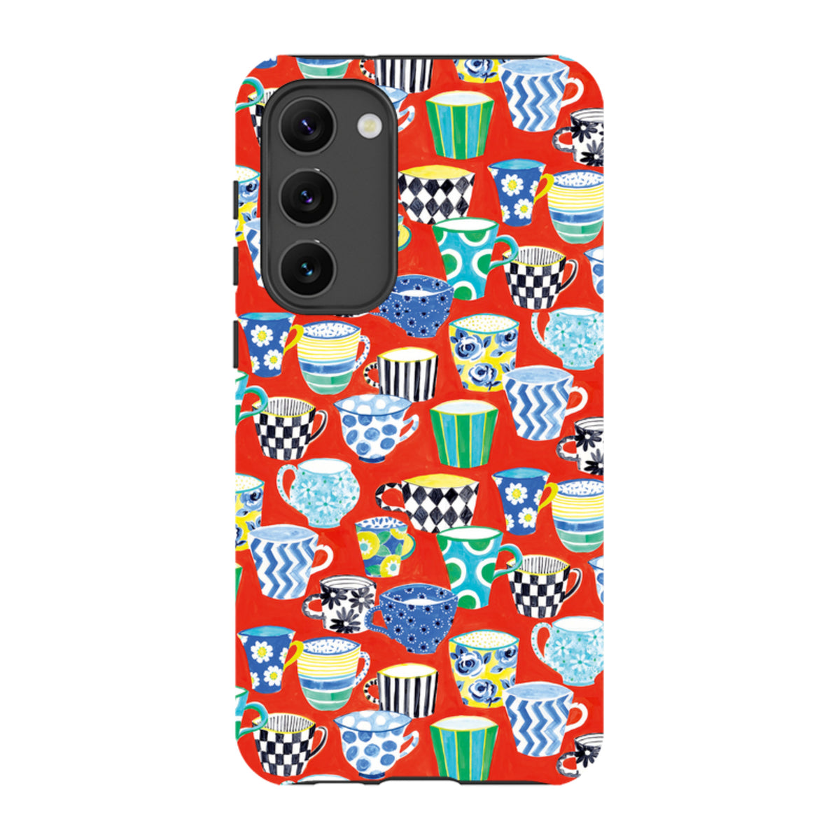 Samsung Tough Case featuring a vibrant red background with a colorful, patterned coffee mug design by Sarah Campbell.