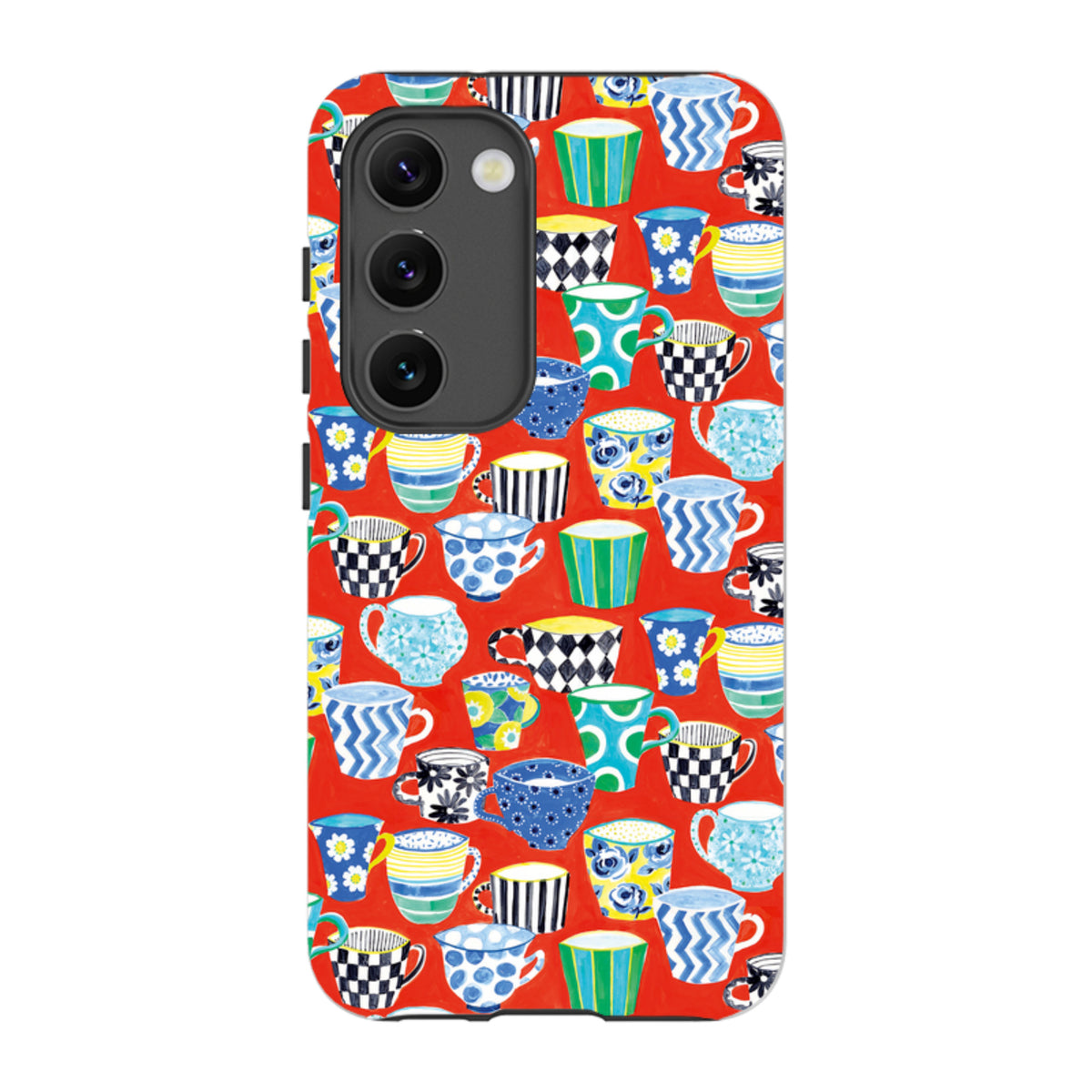 Samsung Tough Case featuring a vibrant red background with a colorful, patterned coffee cup design by Sarah Campbell.