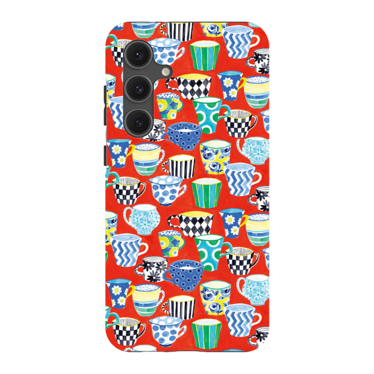Samsung Tough Case featuring a vibrant red background with a colorful, patterned coffee cup design by Sarah Campbell.