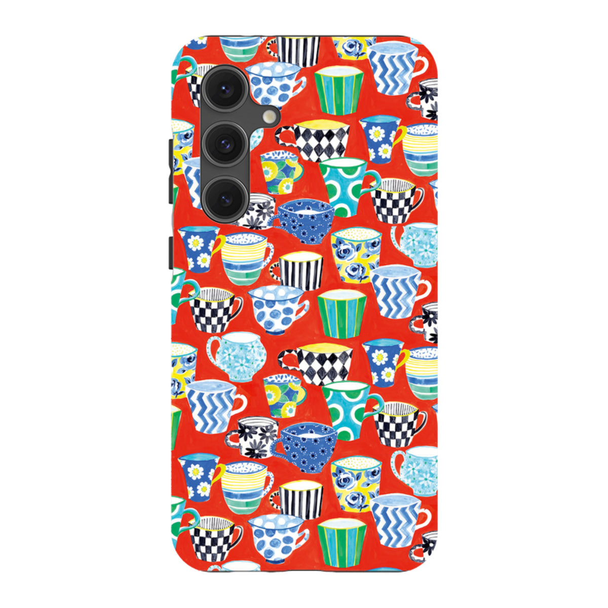 Samsung Galaxy tough case featuring a vibrant red background with a colorful, artistic pattern of various coffee mugs.