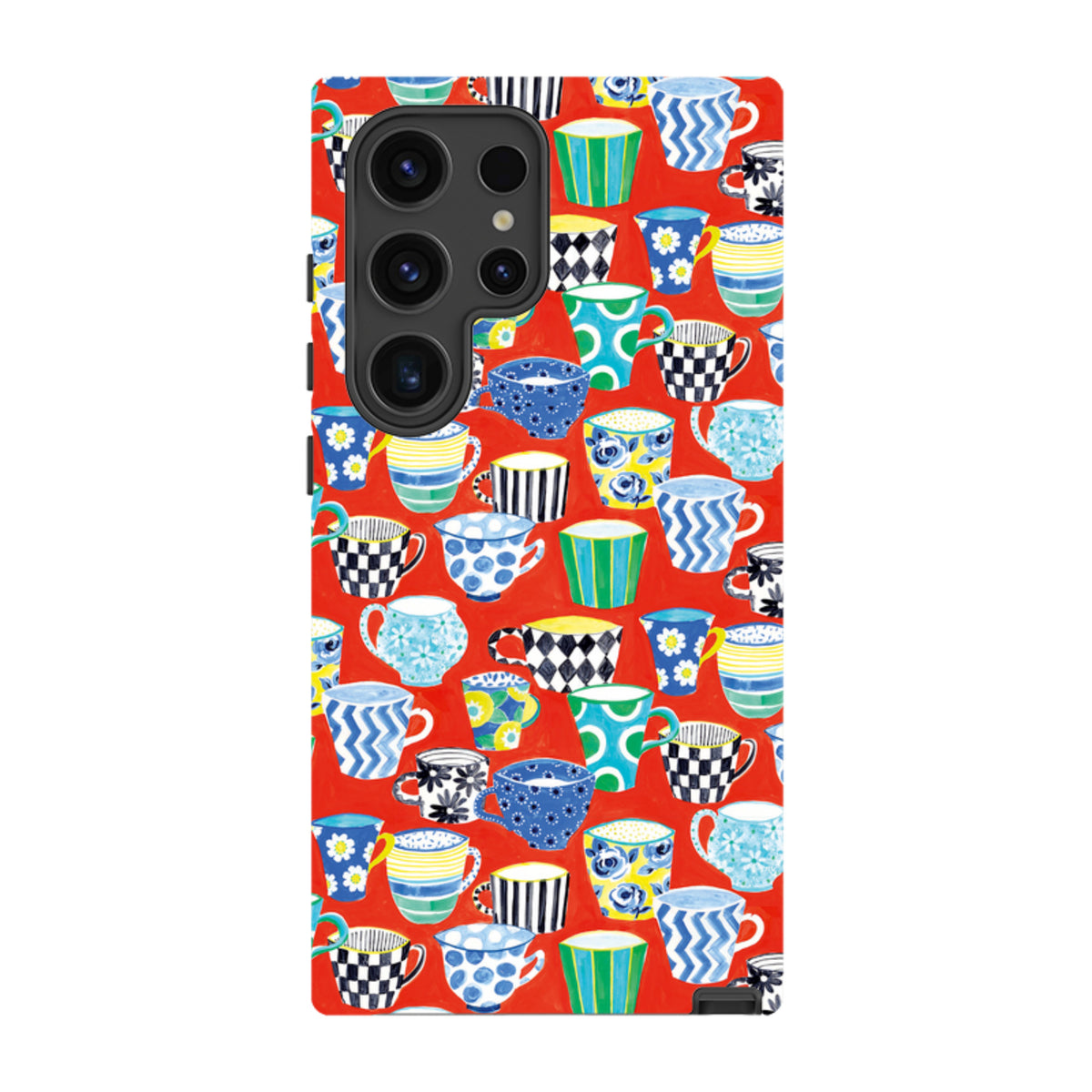 Samsung Galaxy tough case featuring a vibrant red background with a colorful, patterned coffee cup illustration.