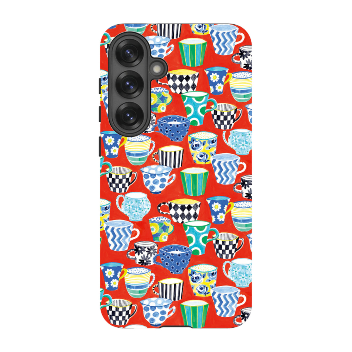 Samsung Tough Case featuring a vibrant red background with a colorful, patterned coffee cup design.