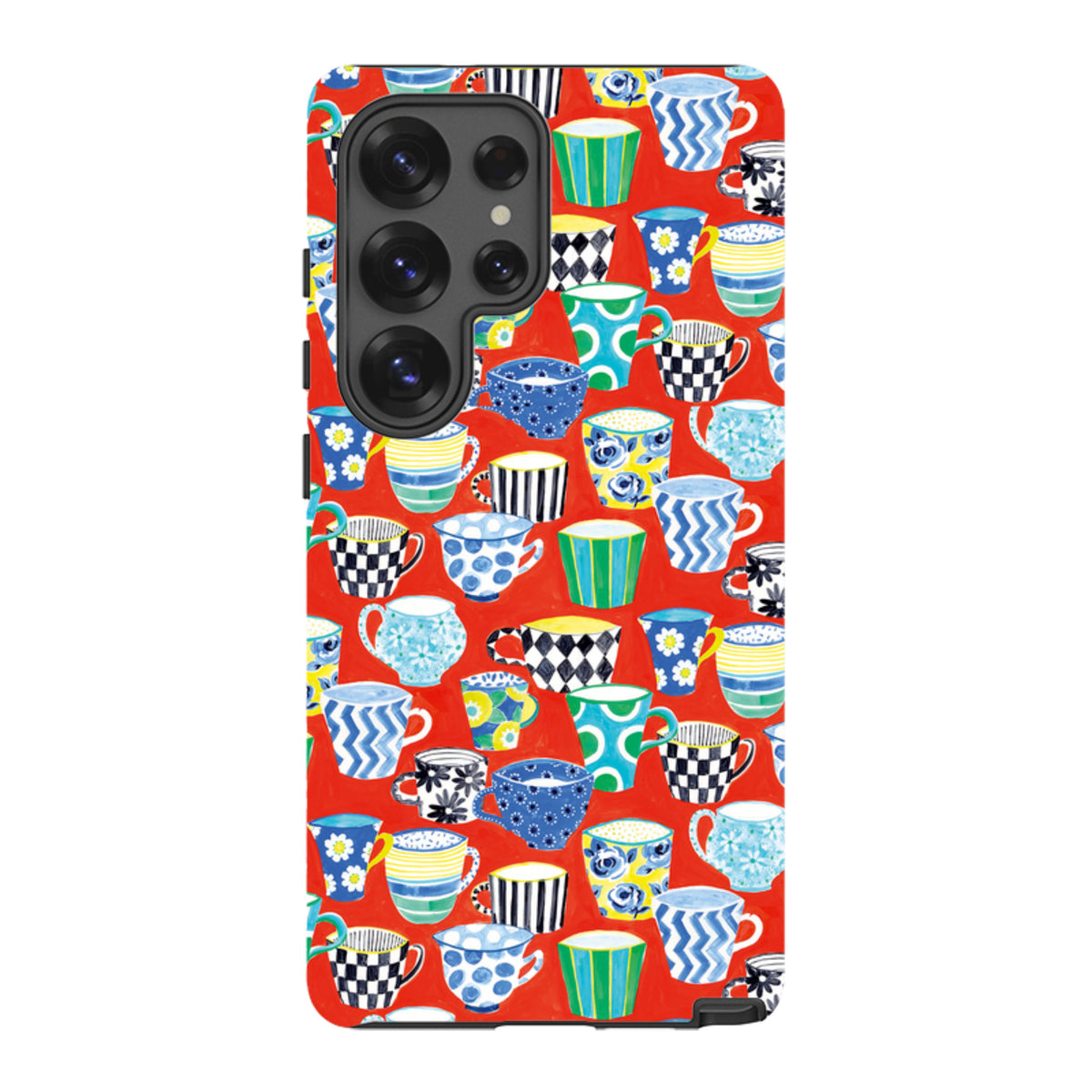 Samsung Tough Case featuring a vibrant red background with a colorful, patterned coffee mug design.
