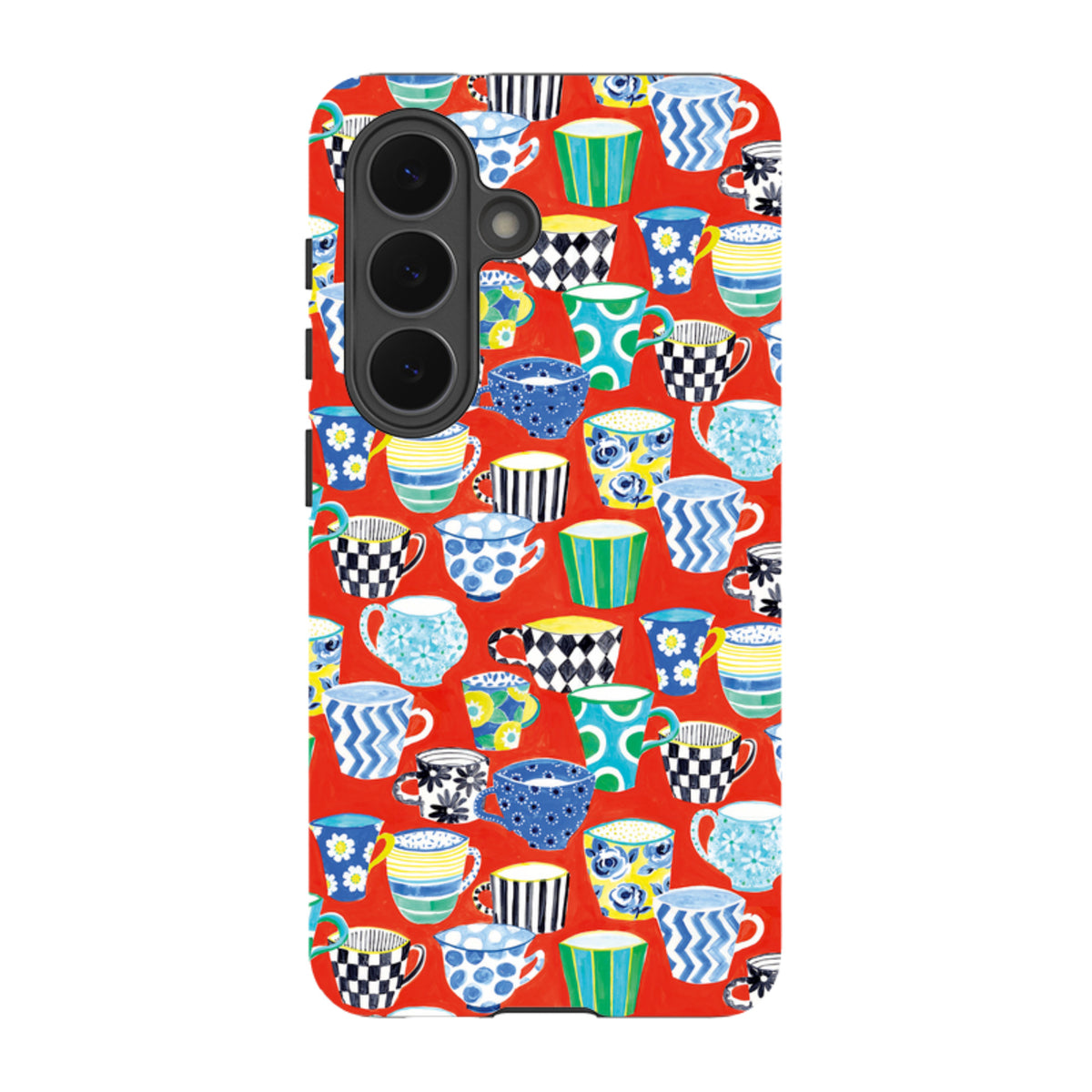 Samsung Tough Case featuring a vibrant red background with a colorful, patterned coffee cup design by Sarah Campbell.