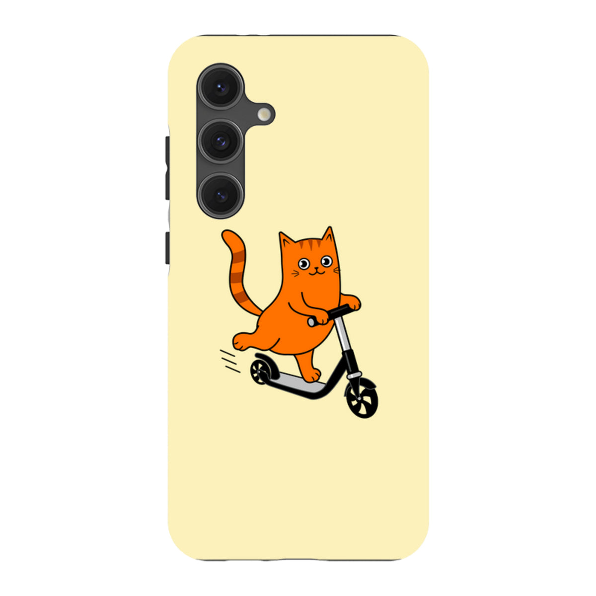 Samsung Tough Case featuring a cute orange cat riding a scooter on a pale yellow background.