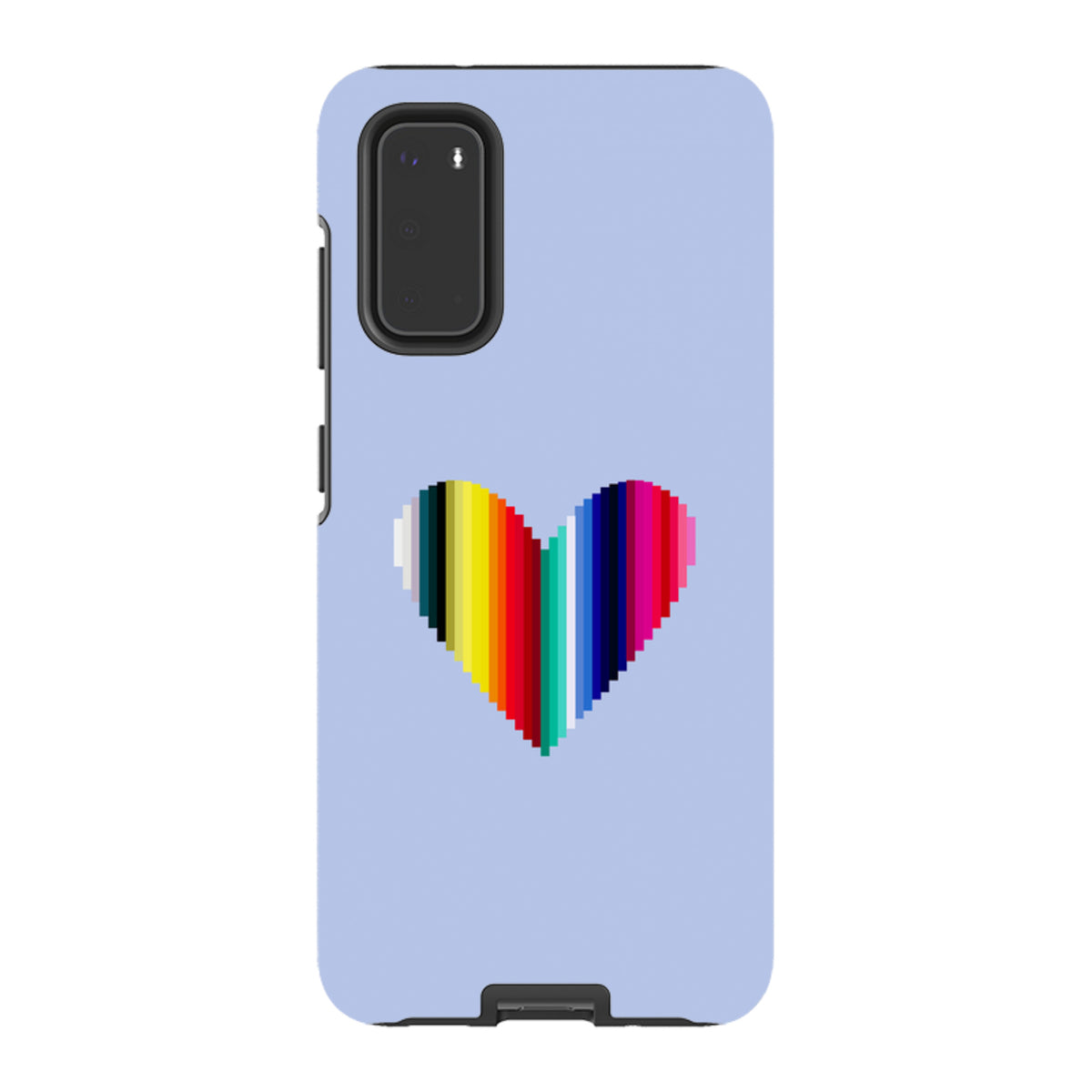 Samsung Tough Case featuring a vibrant, pixelated rainbow heart design on a light blue background with dual-layer protection.