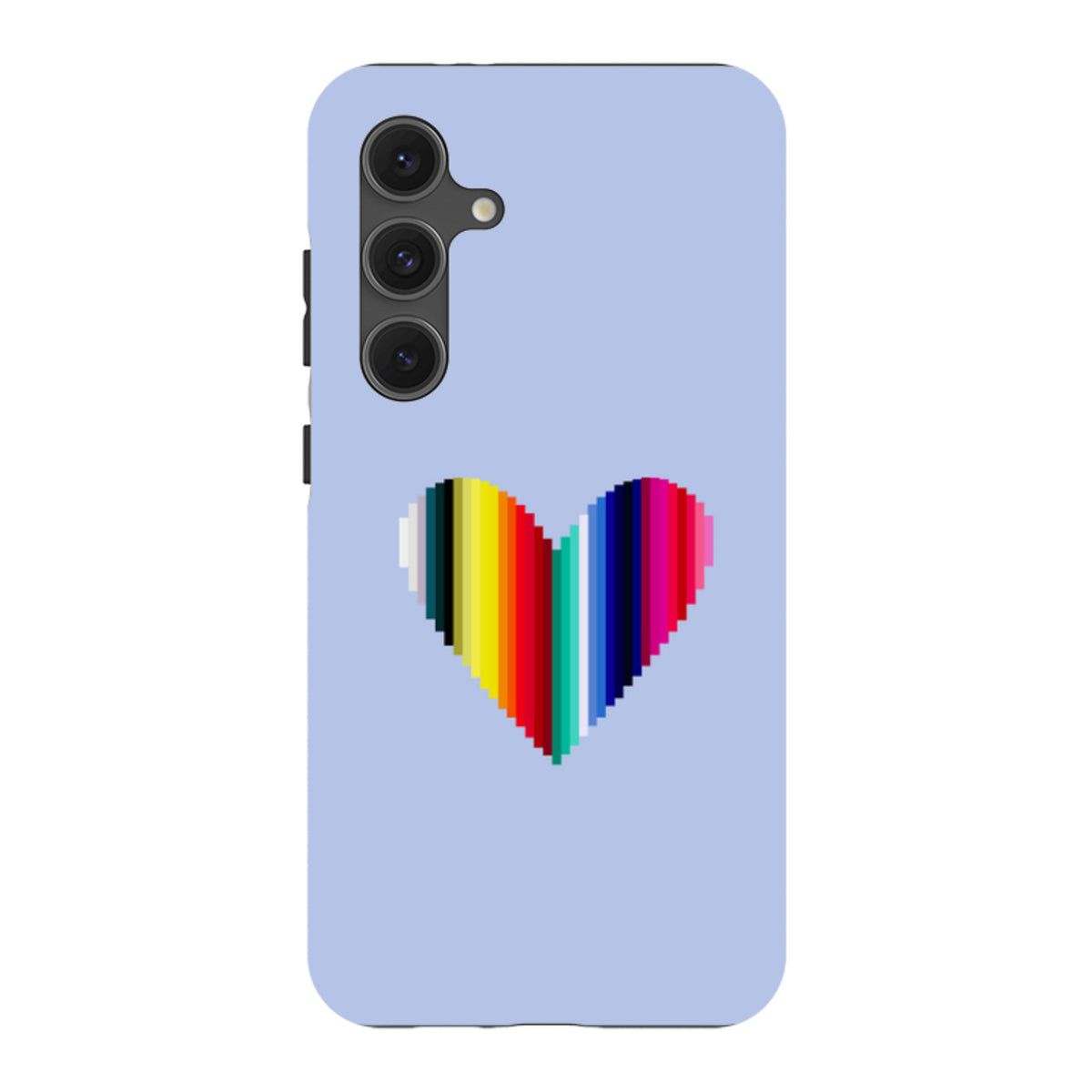 Samsung Tough Case featuring a vibrant, pixelated rainbow heart design on a light blue background for Galaxy phones.