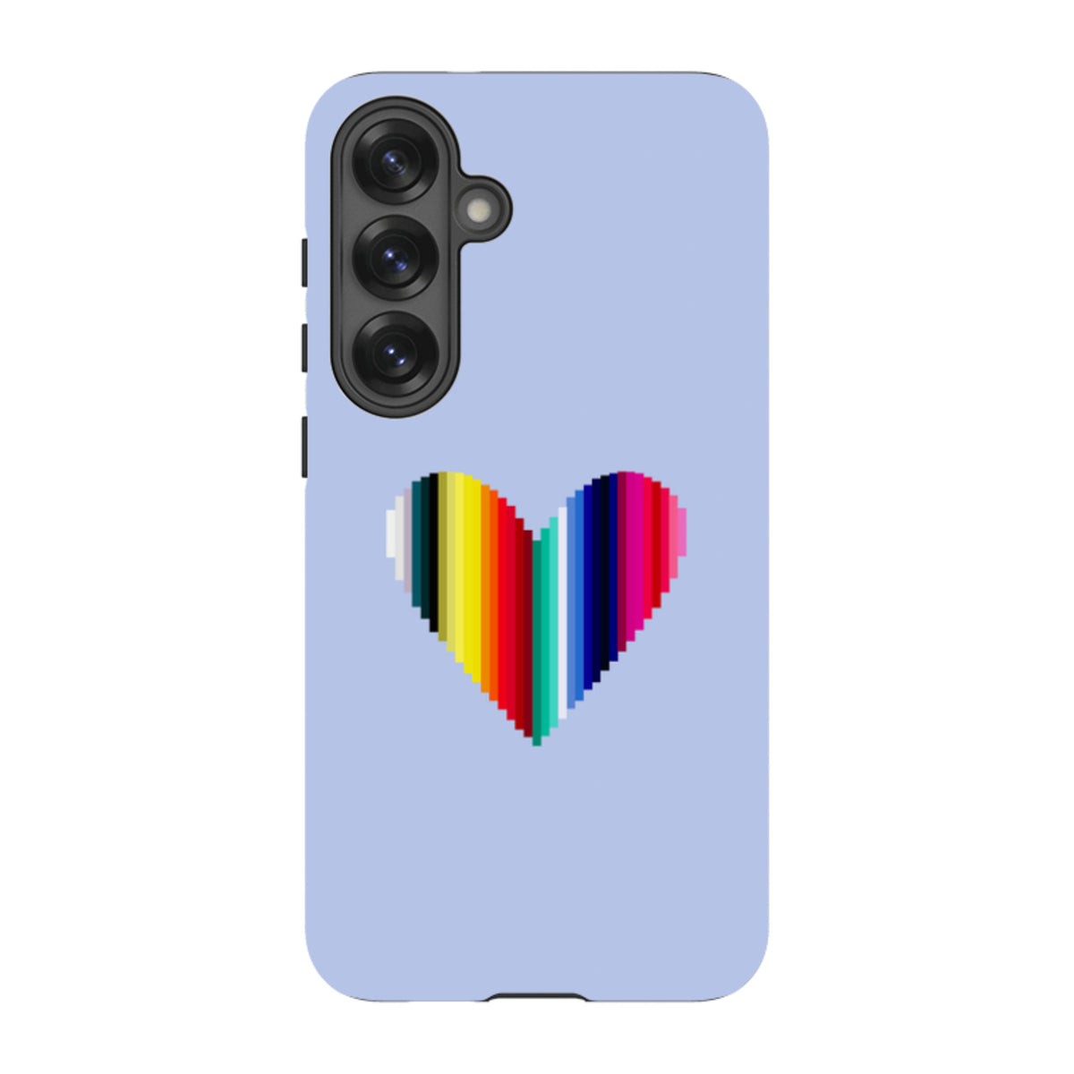 Samsung Tough Case in light blue with a vibrant, pixelated rainbow heart design by Kitty Joseph for Galaxy phones.