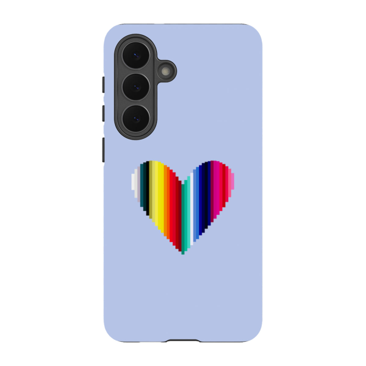 Samsung Tough Case in light blue with a vibrant, pixelated rainbow heart design by Kitty Joseph.