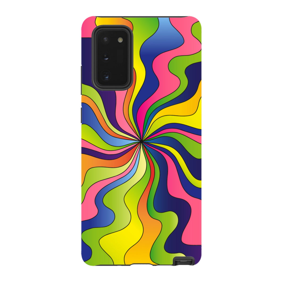 Samsung Tough Case featuring a vibrant, multicolored psychedelic swirl design with dual-layer protective construction.