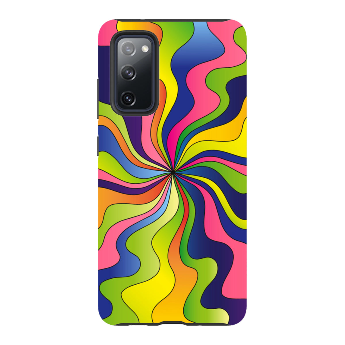 Samsung Galaxy tough case featuring a vibrant, multi-colored psychedelic swirl pattern with a durable dual-layer design.