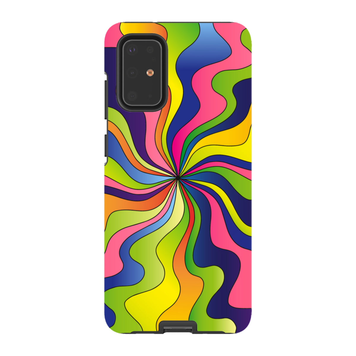 Samsung Galaxy tough case featuring a vibrant, multi-colored psychedelic swirl pattern with a protective dual-layer design.