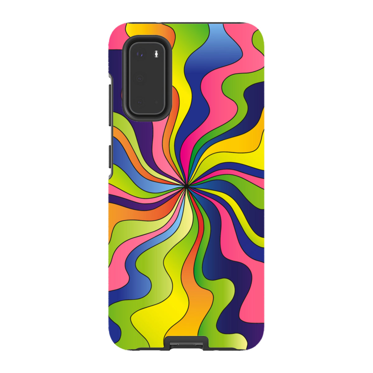 Samsung Tough Case with a vibrant, multi-colored psychedelic swirl design and dual-layer protective shell.